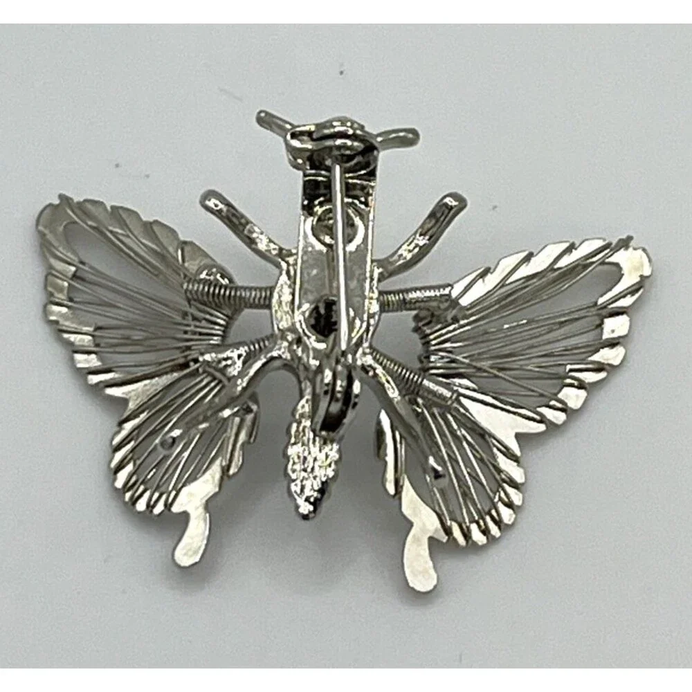 Vtg Articulated Butterfly Brooch Pin Kinetic Filigree Wings Silver Tone Moveable